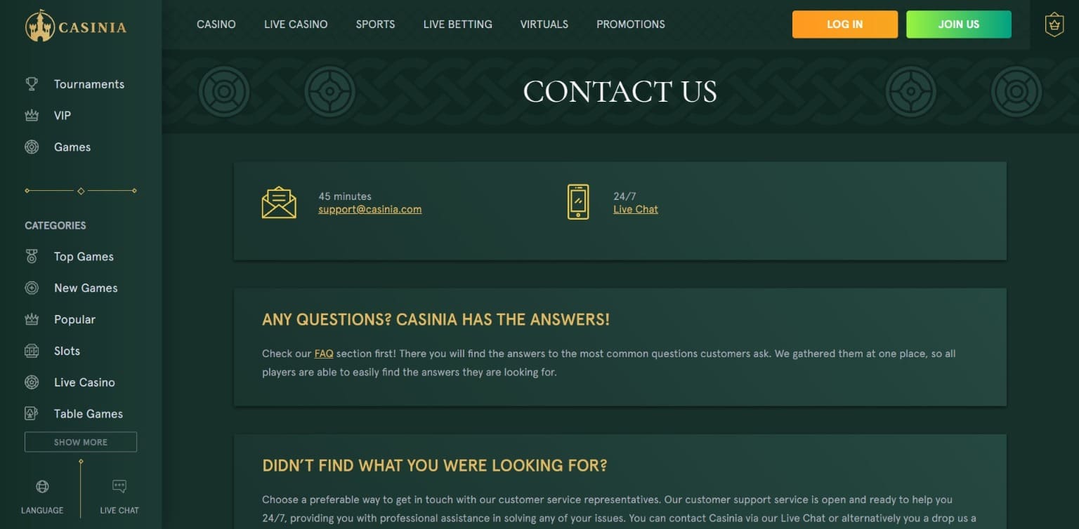 Contacts d'assistance Casinia Casino